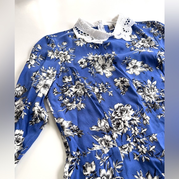 ✨NWT✨ ASOS FLORAL MINI DRESS LACE COLLAR LONGSLEEVE BLUE WHITE BLACK SIZE 6 - Picture 5 of 13